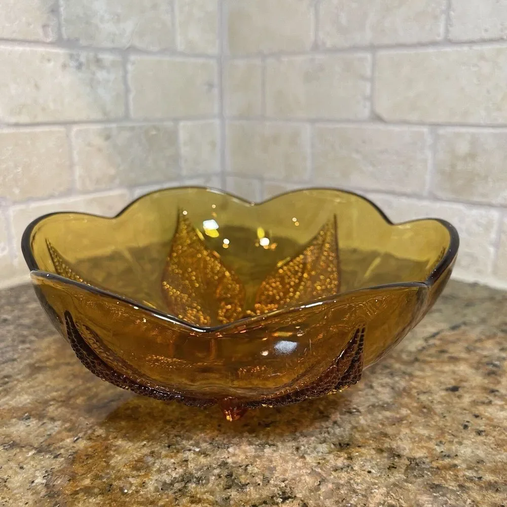 Anchor Hocking Dish Bowl 6.5x3 Inch Amber Glass Renaissance Flower Bloom Pattern